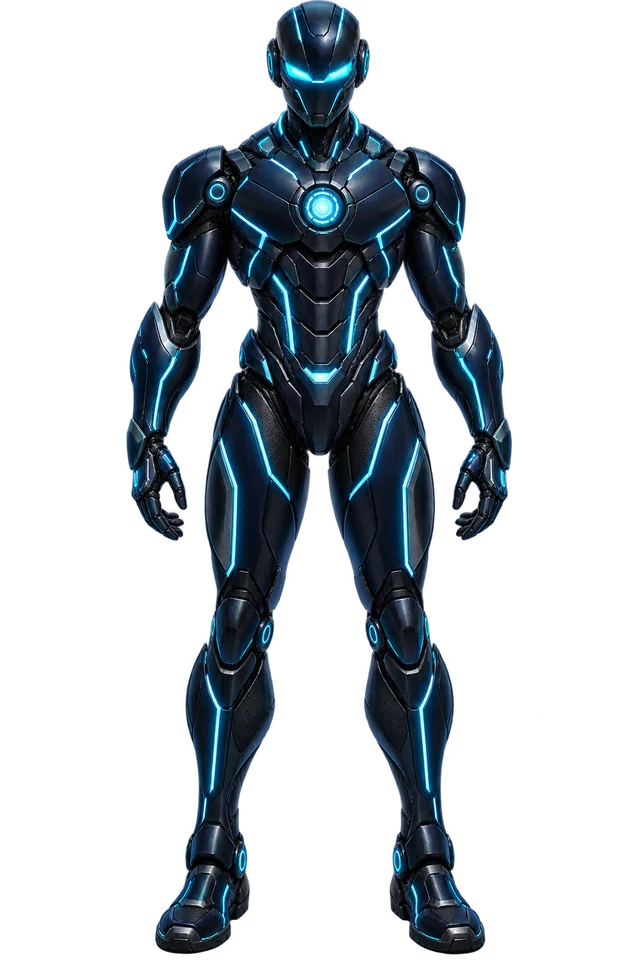 JJ's glowing cyan armored assistant avatar
